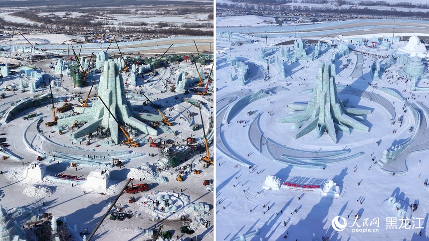 冰雪大世界主塔施工與建成對比。