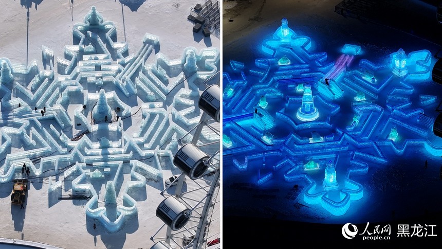 冰雪大世界雪花冰迷宮施工與建成對比。